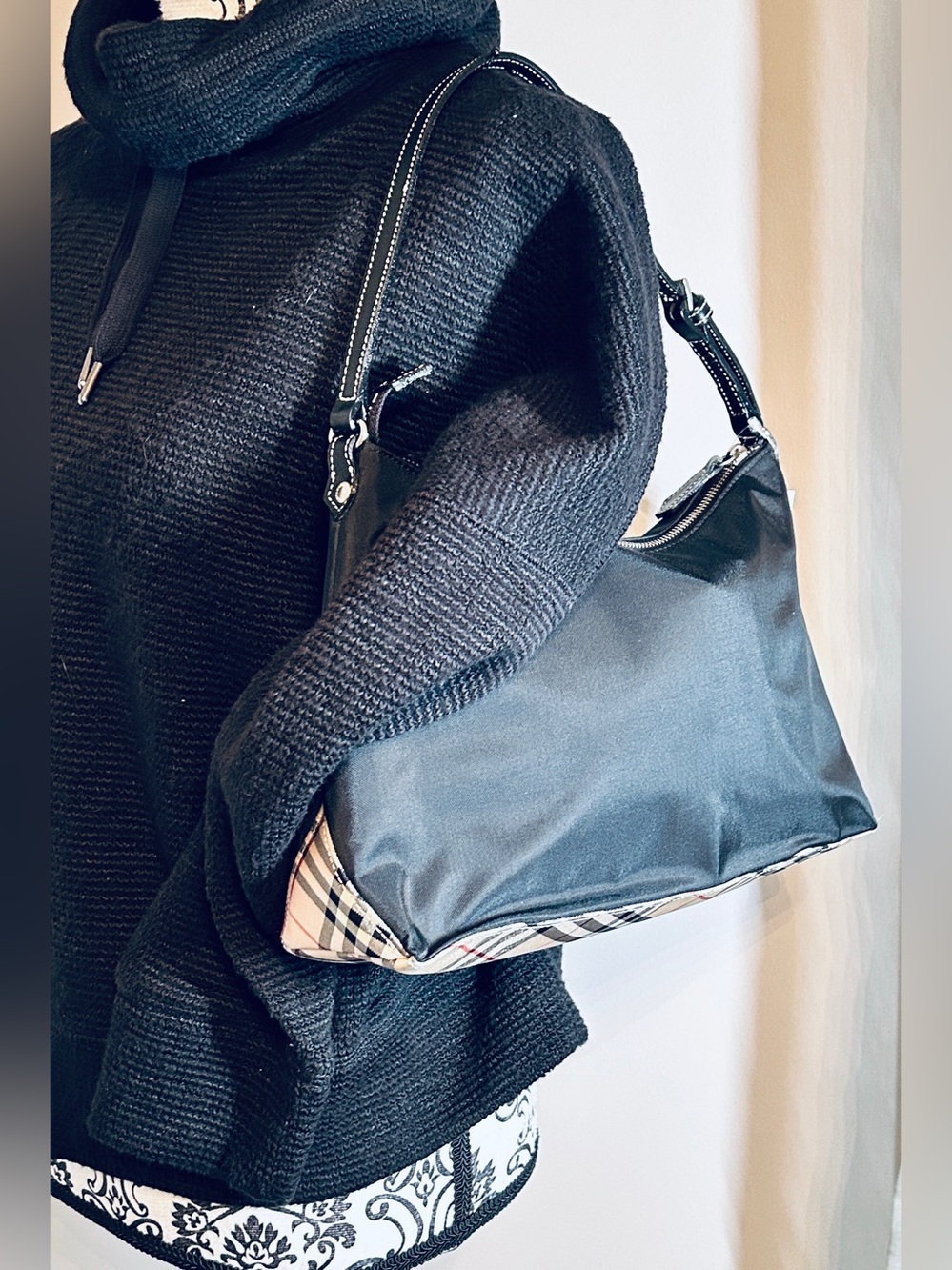 Authentic Burberry Blue Label Black Nylon & Nova Check Shoulder Bag Hobo VGC